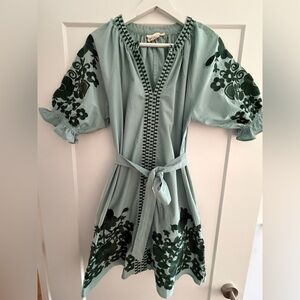 Julia Amory Coatue Embroidered Puff-Sleeve Dress Green